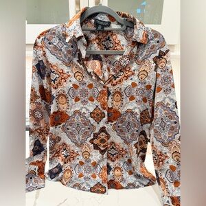 Rachel Zoe Satin Blue and Brown Geometric Shirt